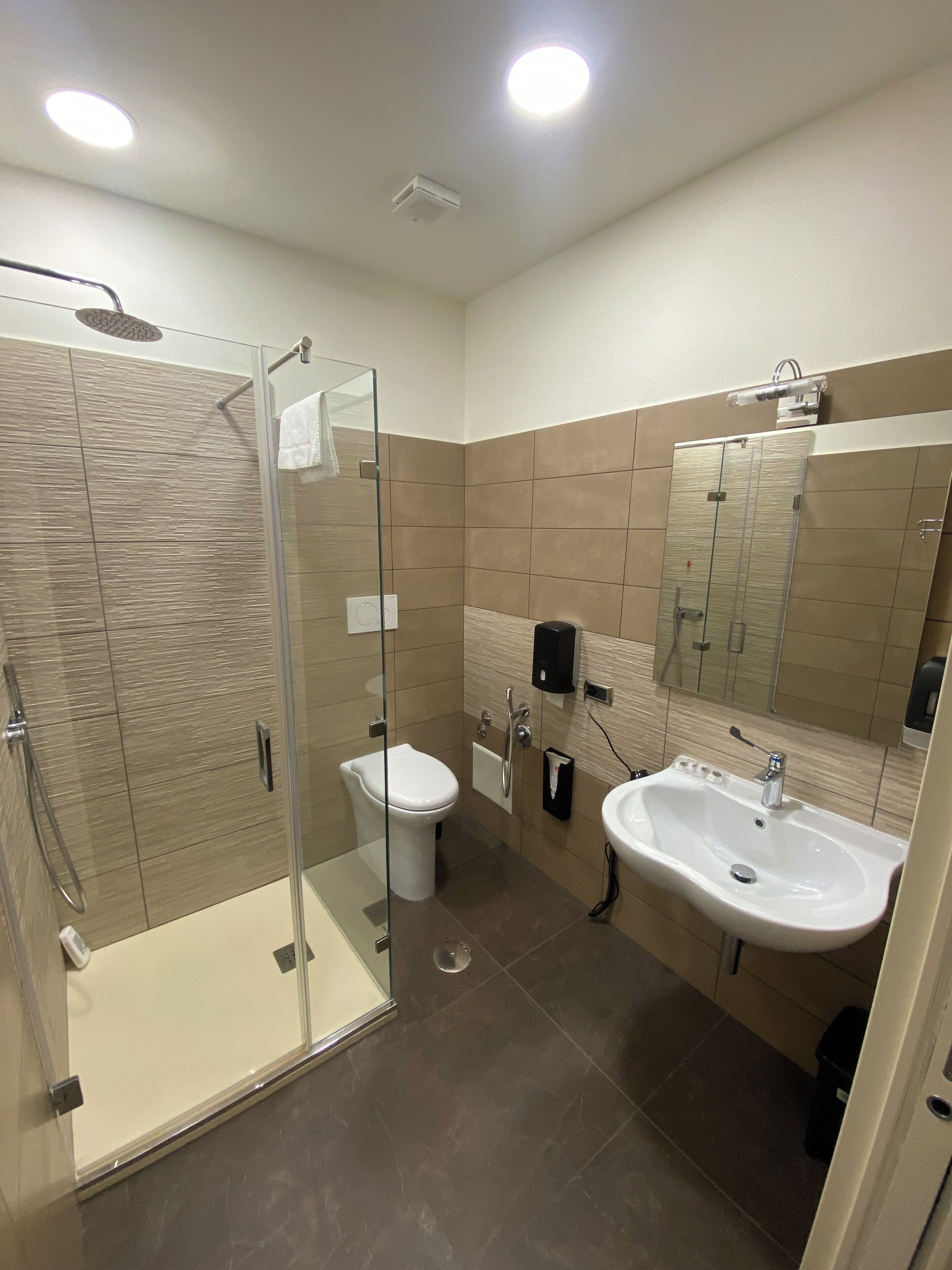 A modern bathroom with a glass shower enclosure, a toilet, and a sink.