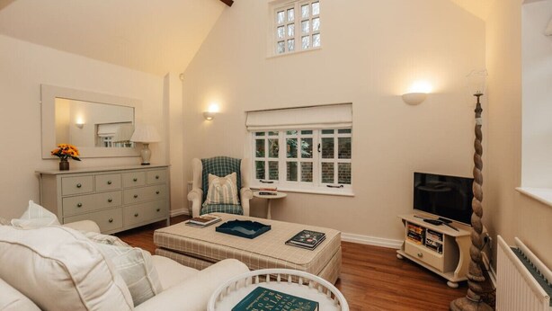 A cozy living room with a sofa, a coffee table, a TV, and a fireplace. - Garden Lodge - pet friendly (Aston Tirrold)
