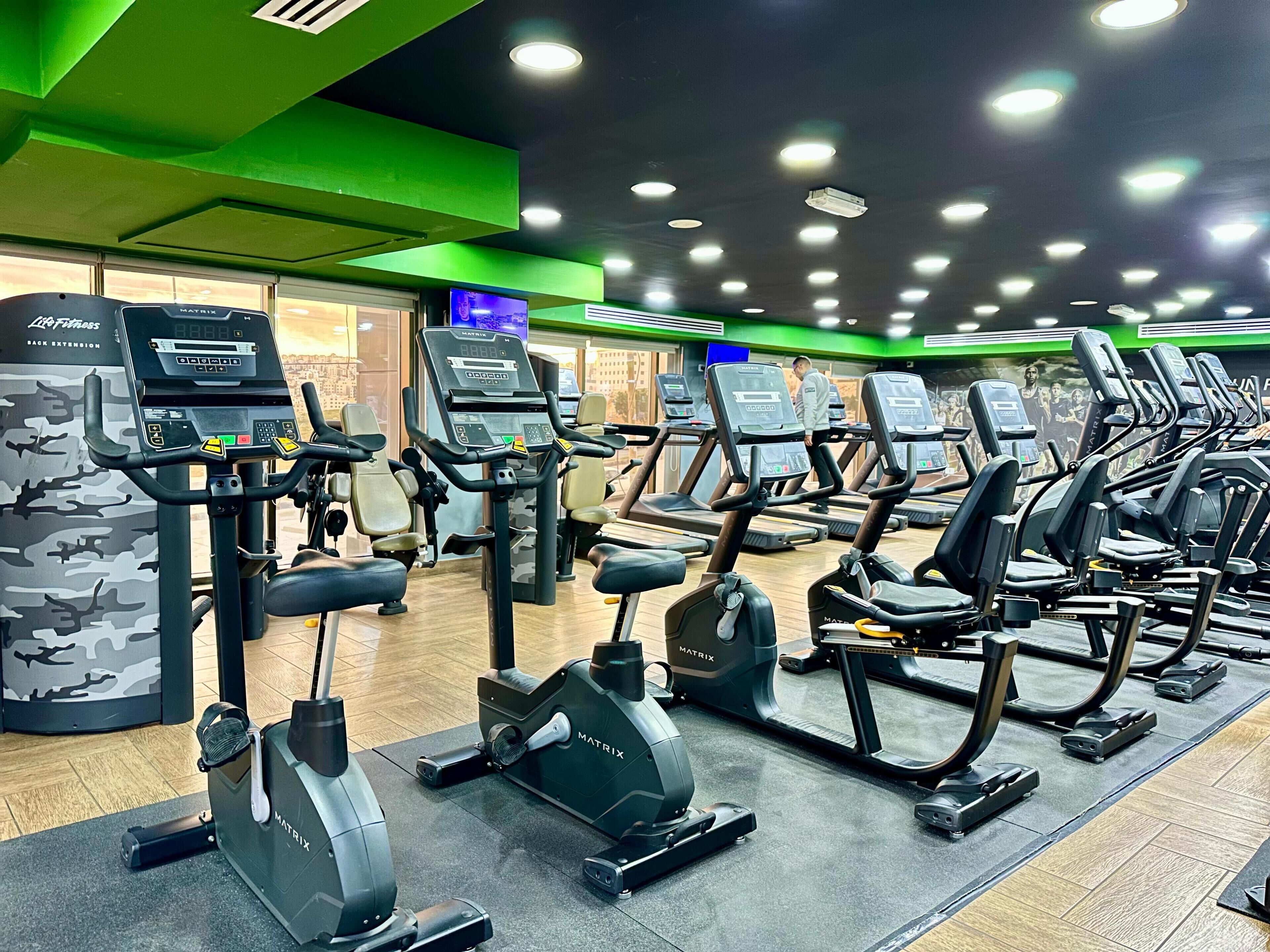 A gym with multiple treadmills and elliptical machines, arranged in rows.