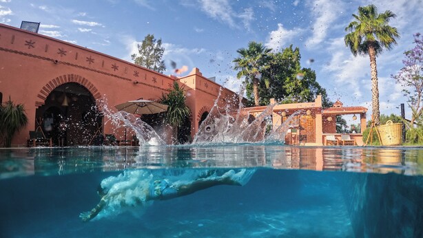 Una piscina cristalina con una persona nadando, una palmera y un edificio con arcos y techo de tejas.