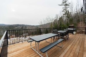 Eine Holzterrasse mit Tisch, Stühlen, einem Grill und Blick auf ein bewaldetes Gebiet.