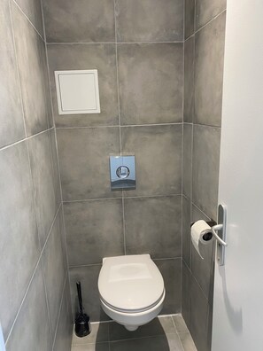 Douche, séchoir à cheveux, serviettes fournies, savon