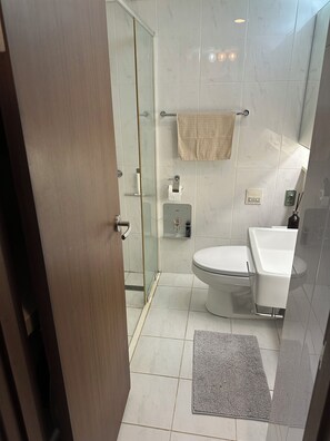 A modern bathroom with a glass shower enclosure, a toilet, and a bathtub.