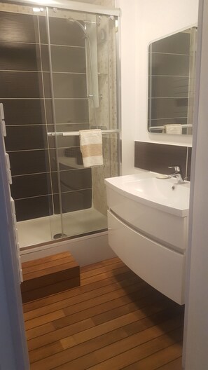 Chuveiro, secador de cabelo, toalhas de banho, sabonete