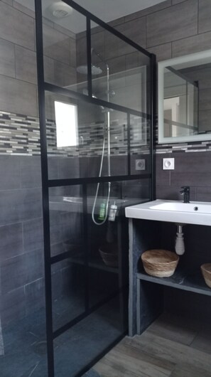 Regadera, secadora de cabello, papel de baño 