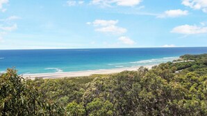 Paesaggio costiero con spiaggia, oceano e fitta vegetazione.