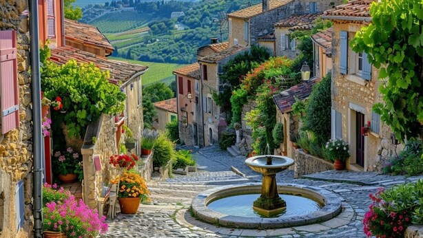 A narrow cobblestone street with stone buildings, a fountain, and lush greenery. - WELCOME TO "LOU PARADOU" NEW HOUSE FOR 4 PEOPLE IN PROVENCE VERTE (Méounes-lès-Montrieux)