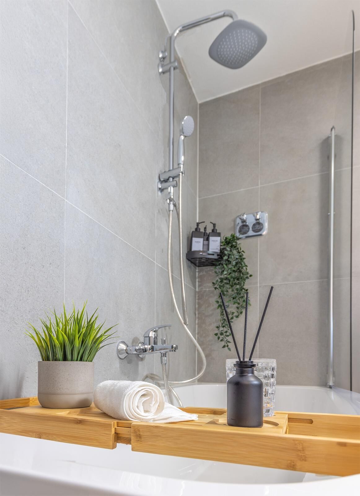 Hair dryer, towels, soap, shampoo