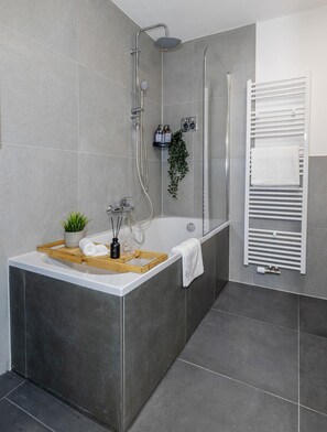 Hair dryer, towels, soap, shampoo