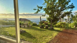 A view of a grassy area with a hammock, a tree, and a body of water in the background. - Biscoitos Top View apartment overlooking the sea with AC and very fast Wi-Fi (Biscoitos)