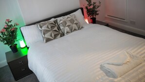 A neatly made bed with a geometric pillow, a bedside lamp, and a potted plant on the nightstand.