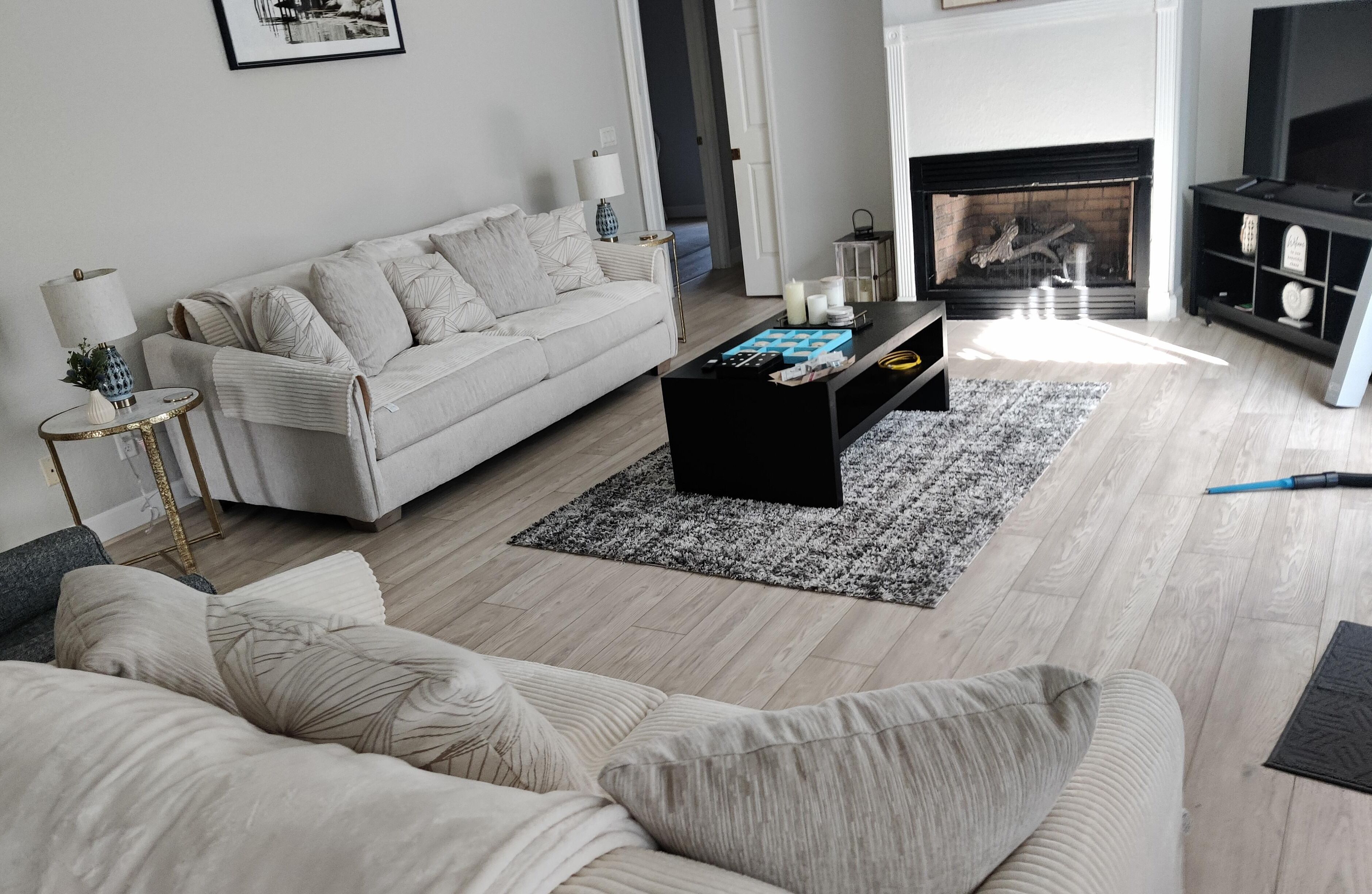 Smart TV, fireplace, books