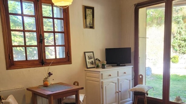 A cozy room with a wooden table, a television on a cabinet, and a large window offering a view of greenery. - Studio with garden (Enchastrayes)