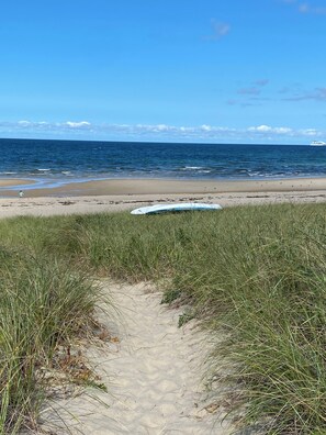 A sandy beach path leading to the ocean with a surfboard and seaweed in the foreground. - Sagamore Beach large group rental, steps to private beach! (Sandwich)