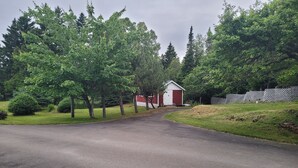 A rural driveway leading to a small red and white shed.