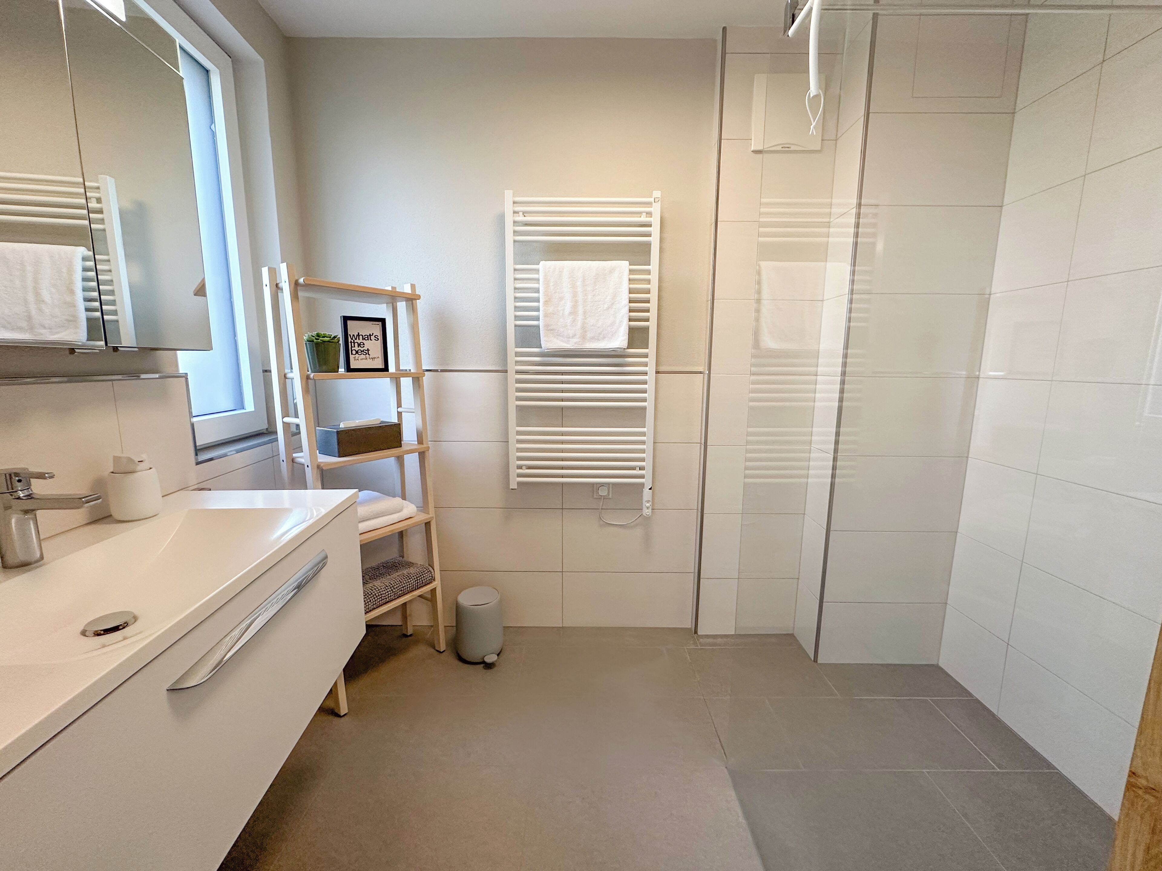 A modern bathroom with a white vanity, a glass shower enclosure, and a small shelf with toiletries.