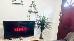 A living room with a television displaying "NETFLIX," a wooden coffee table, a potted plant, a leather sofa, and a patterned rug. - 3-bedroom St faith street Lincoln location+comfort+FREE parking for 2 cars (Lincoln)