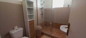Shower, hair dryer, towels, toilet paper