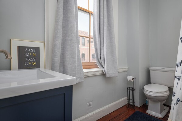 A bathroom with a white sink, a framed map, and a toilet. - Step into History: Charming Fells Point Retreat (Baltimore)