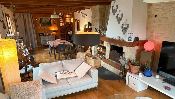 A cozy living room with a fireplace, a sofa, a coffee table, and a television. - Superb Chalet in a quiet location, garden and private parking, near Paris and Disney. (Fontenay-sous-Bois)