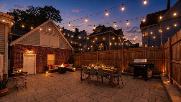 Un patio sul retro con tavolo da pranzo, sedie, barbecue e luci decorative appese.