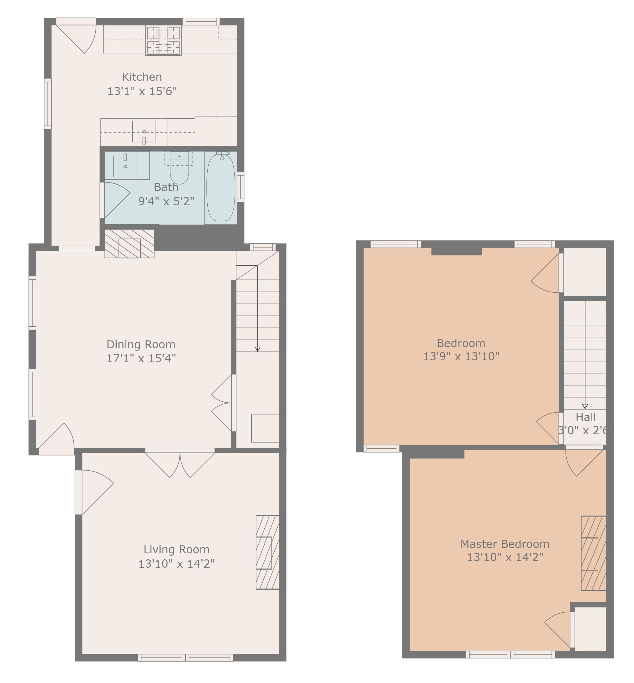 Un plan d’étage comprenant une cuisine de 3,99 m x 4,72 m, une salle à manger de 5,21 m x 4,67 m, un salon de 4,27 m x 4,32 m, une chambre de 4,19 m x 4,27 m et une chambre principale de 4,27 m x 4,32 m.