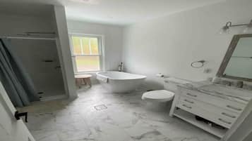 Hair dryer, towels, soap, toilet paper