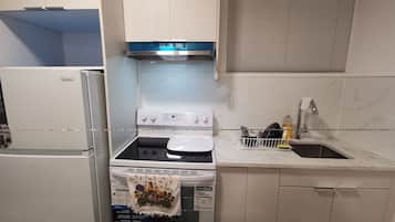 Fridge, microwave, electric kettle, toaster