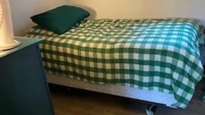 A bedroom with a bed covered in a green and white checkered blanket, a green pillow, and a bedside table with a lamp.