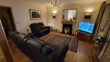 Smart TV, fireplace, books