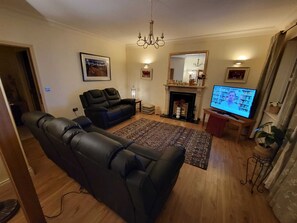 Smart TV, fireplace, books