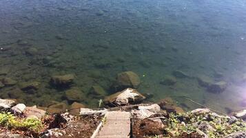 A clear view of a rocky shoreline with a concrete path leading into a body of water.