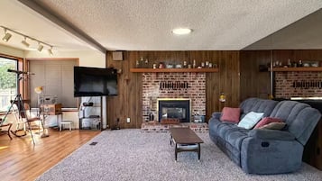 Smart TV, fireplace, DVD player, books
