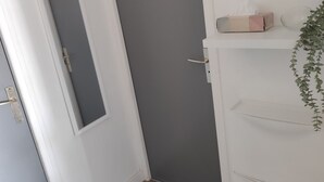 Una habitación con una puerta gris cerrada, un armario blanco con una caja de pañuelos y un cuenco de vidrio, y una planta colgante.
