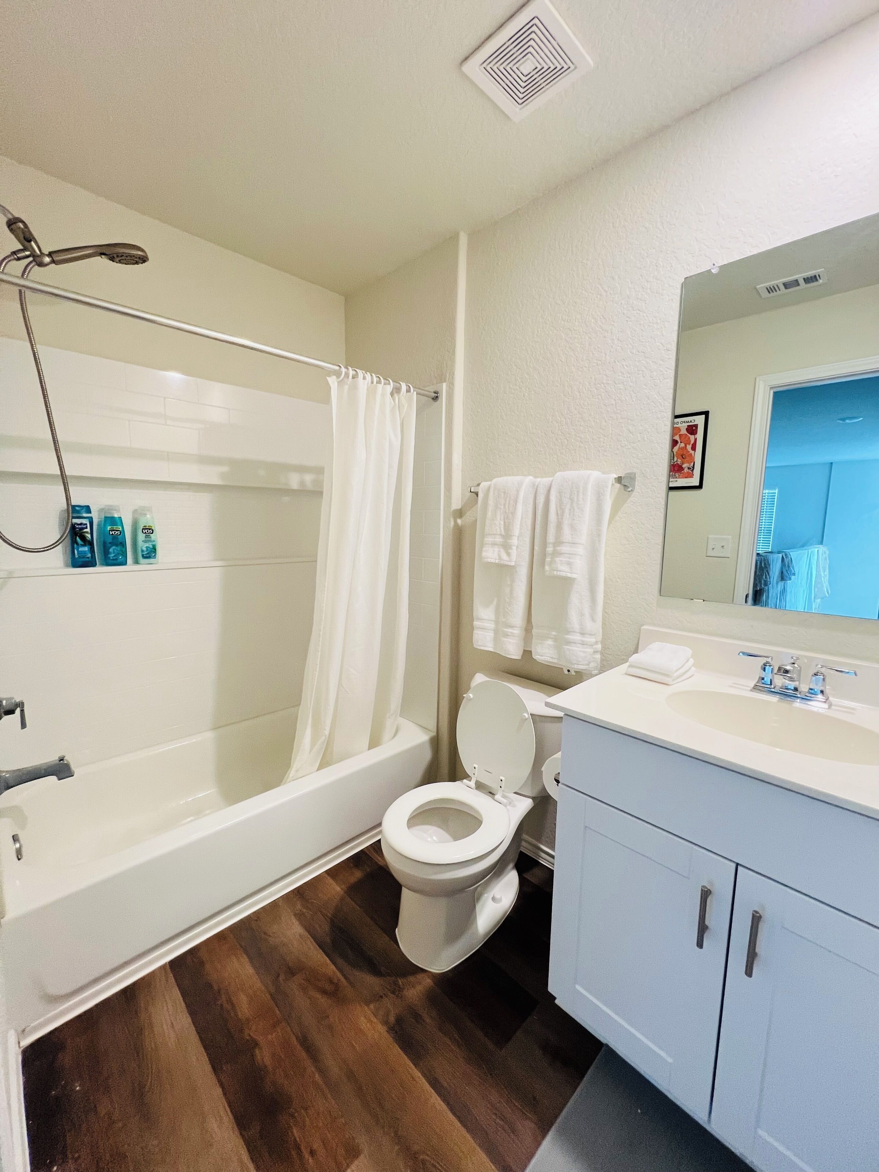 Shower, hair dryer, towels, soap
