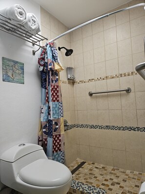 Shower, towels, toilet paper