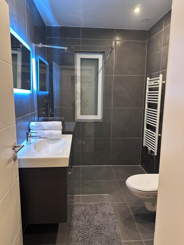 Dusche, Haartrockner, Handtücher, Toilettenpapier
