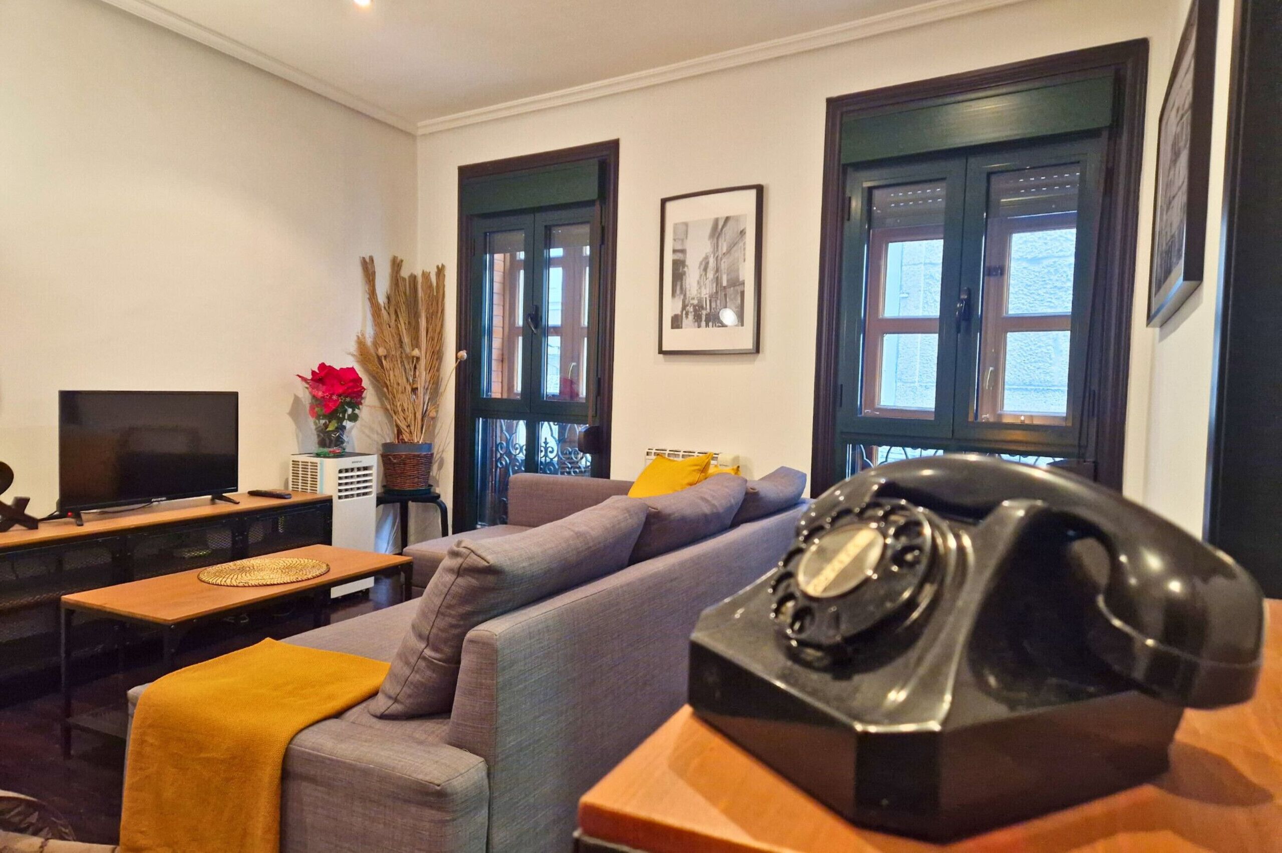 Una sala de estar con un sofá, un televisor, un teléfono antiguo y dos ventanas con marcos oscuros.