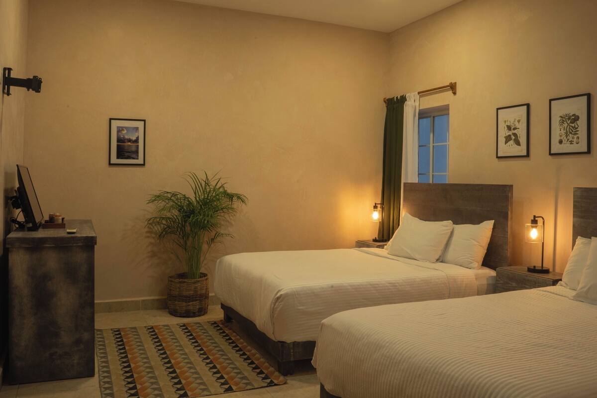 Quarto de hotel com duas camas, uma escrivaninha, um vaso de planta e quadros nas paredes.