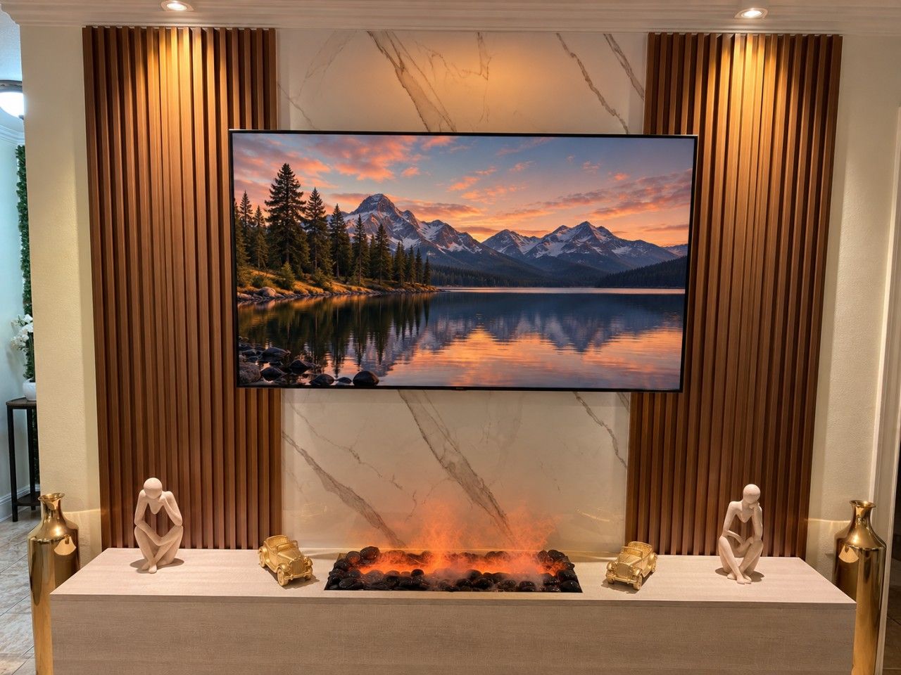 A modern living room with a fireplace, a flat-screen TV, and two decorative figures.