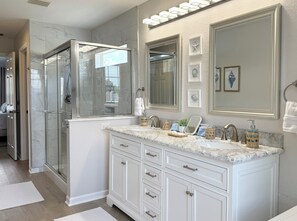 Hair dryer, towels, soap, toilet paper