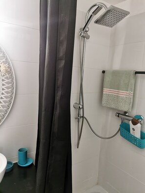 Bathroom features a shower area with a wall-mounted showerhead and a towel rack.