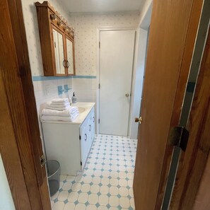 Shower, towels, soap, toilet paper