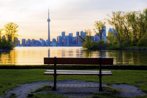 A park bench facing a body of water with a city skyline in the background. - Pod-Inn Hotel (Toronto)