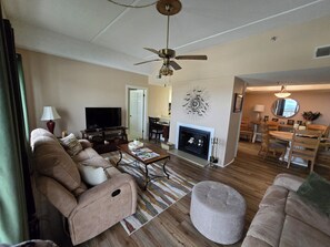 Smart TV, chimenea y libros 