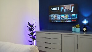 Olohuoneessa on televisio, jossa näkyy suoratoistopalvelun käyttöliittymä, harmaa kaappi, viherkasvi ja lamppu.