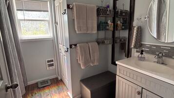 Hair dryer, towels, soap, shampoo