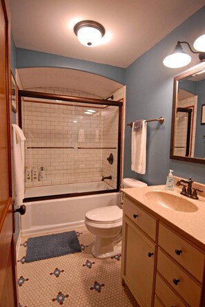 Hair dryer, towels, soap, toilet paper