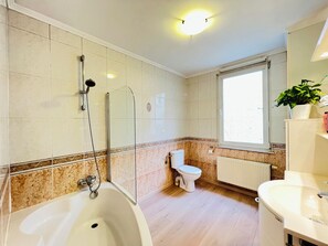 Hair dryer, towels, toilet paper