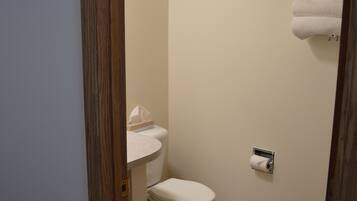 Een haardroger, handdoeken, zeep, toiletpapier